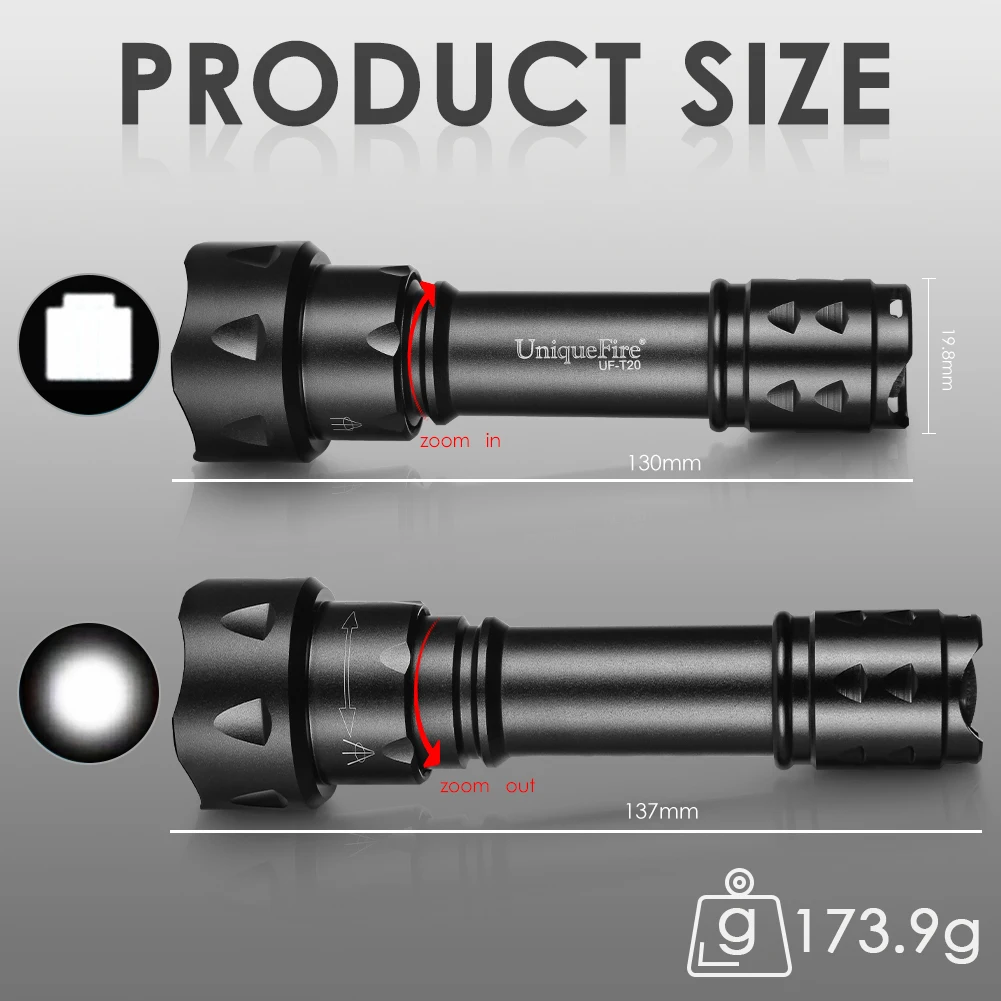 UniqueFire T20 Tactical LED Flashlight XRE Green Light 3 Modes Hunting Torch Power by 18650 Battery For Camping Night Vision