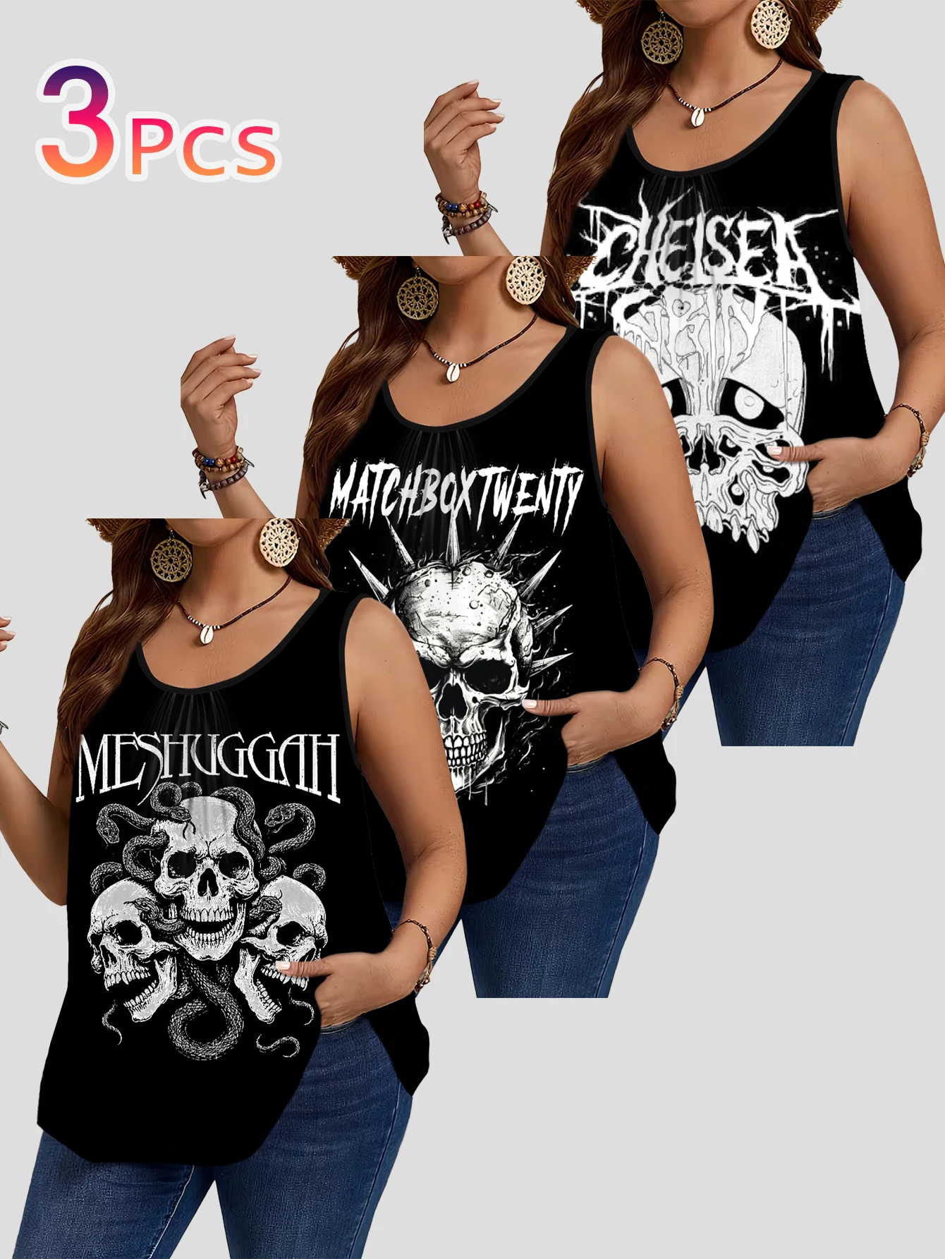 3-Piece Set of Plus-Size Women's Rock Band Snake Print Skull Vintage Art Print Tank Tops, Round Neck Loose Sleeveless Tops