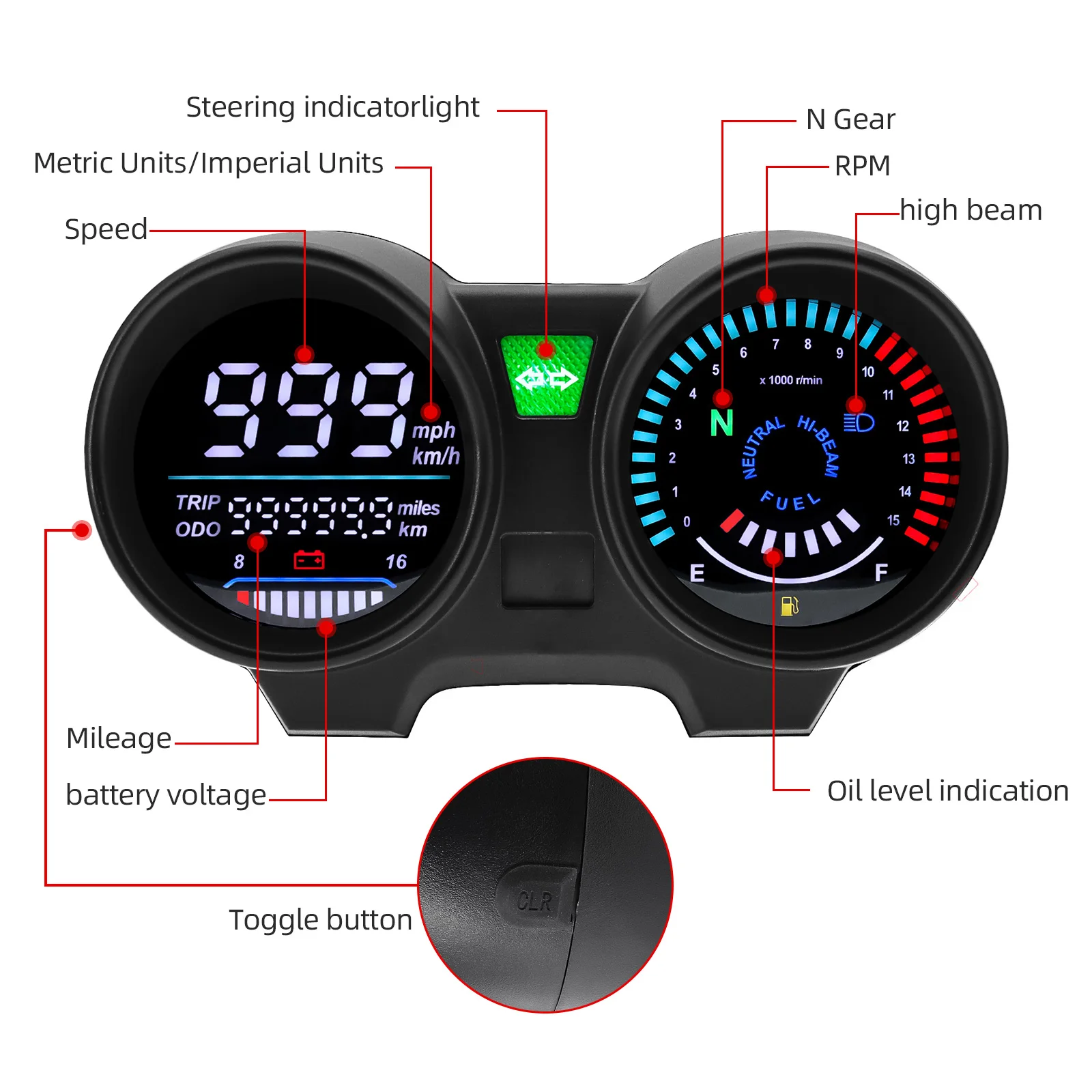 Cyfrowy prędkościomierz motocyklowy LED do CG125 Miernik obrotów Moto Dashboard Panel cyfrowy do TITAN 150 Honda CG150 Fan 150 — zdjęcie 3