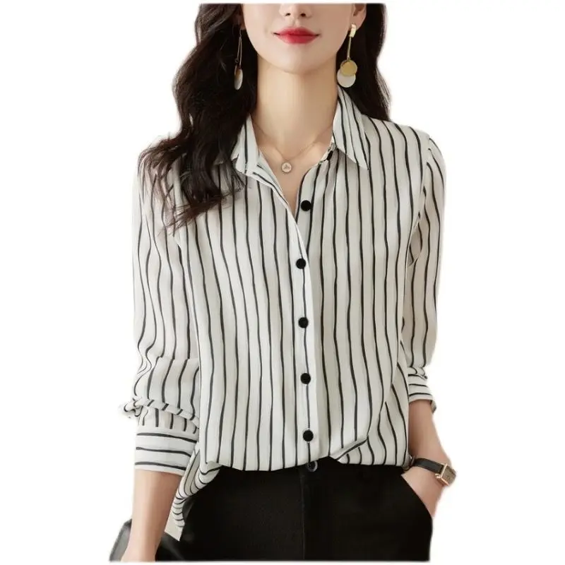 High-end Color Block Listrado Blusa Mulheres Clássico de Manga Longa Coreano Escritório Polo Collar Single-breasted Lady Camisa De Chiffon