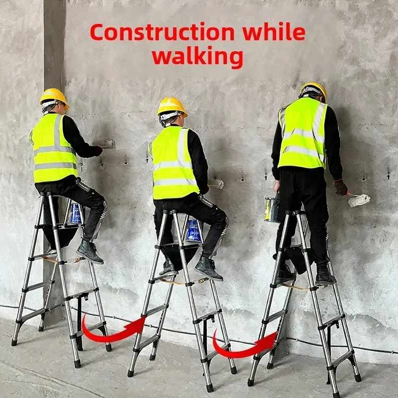 Stainless steel telescopic ladder, multi-functional household herringbone ladder, decoration portable walking  bamboo ladder