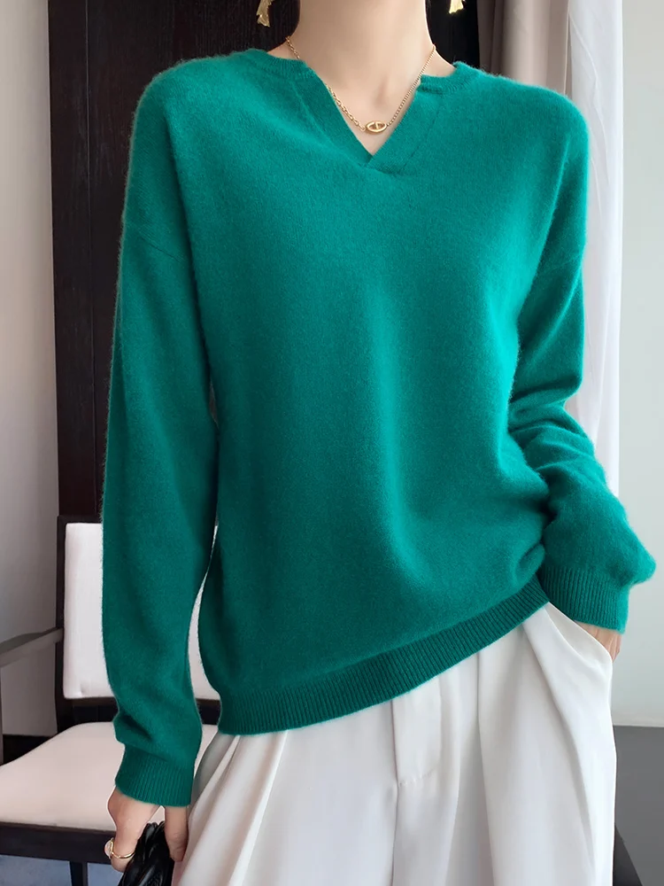 High Quality Women's V-neck Wool Sweater Autumn Winter Warm Cashmere Pullover 100% Merino Wool Knitwear Korean Popular Clothes
