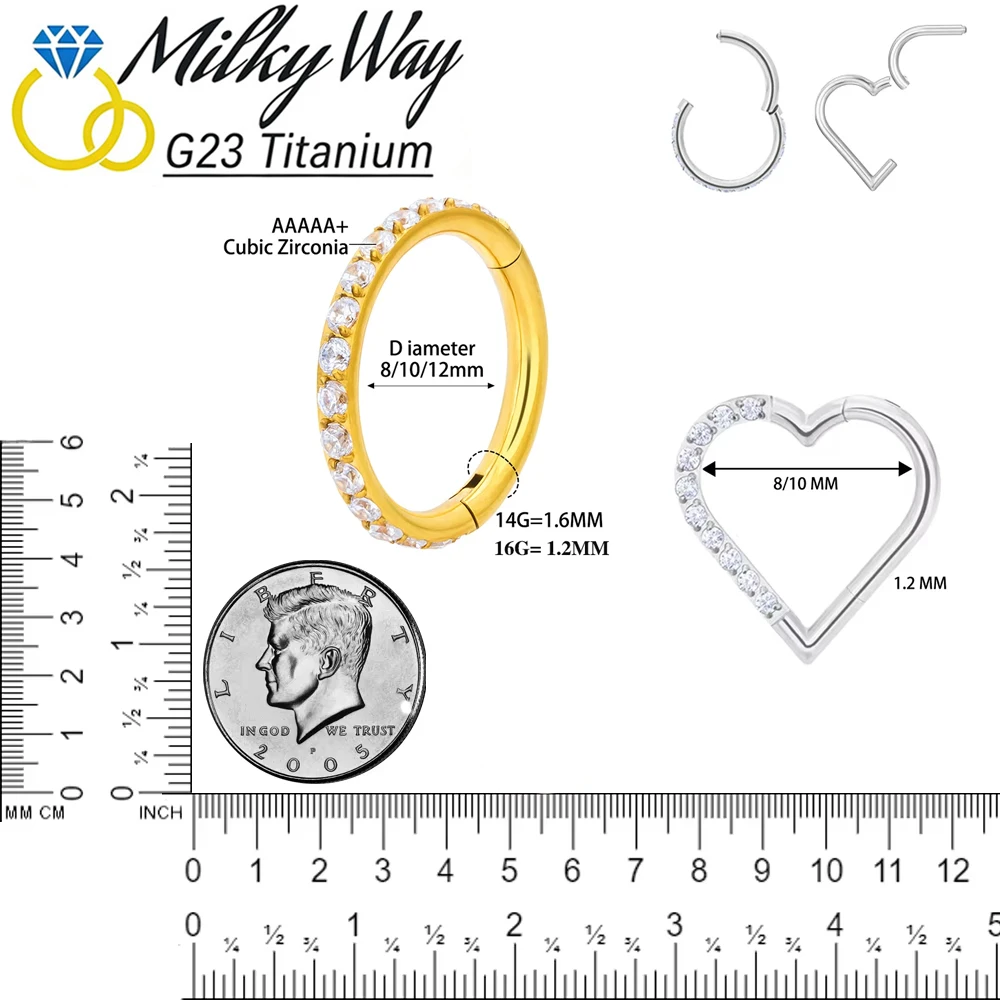 ASTM F136 Titanium Round Nose Ring CZ Hinged Septum Clicker Heart Earring Hoop Ear Tragus Cartilage Daith Piercing Body Jewelry