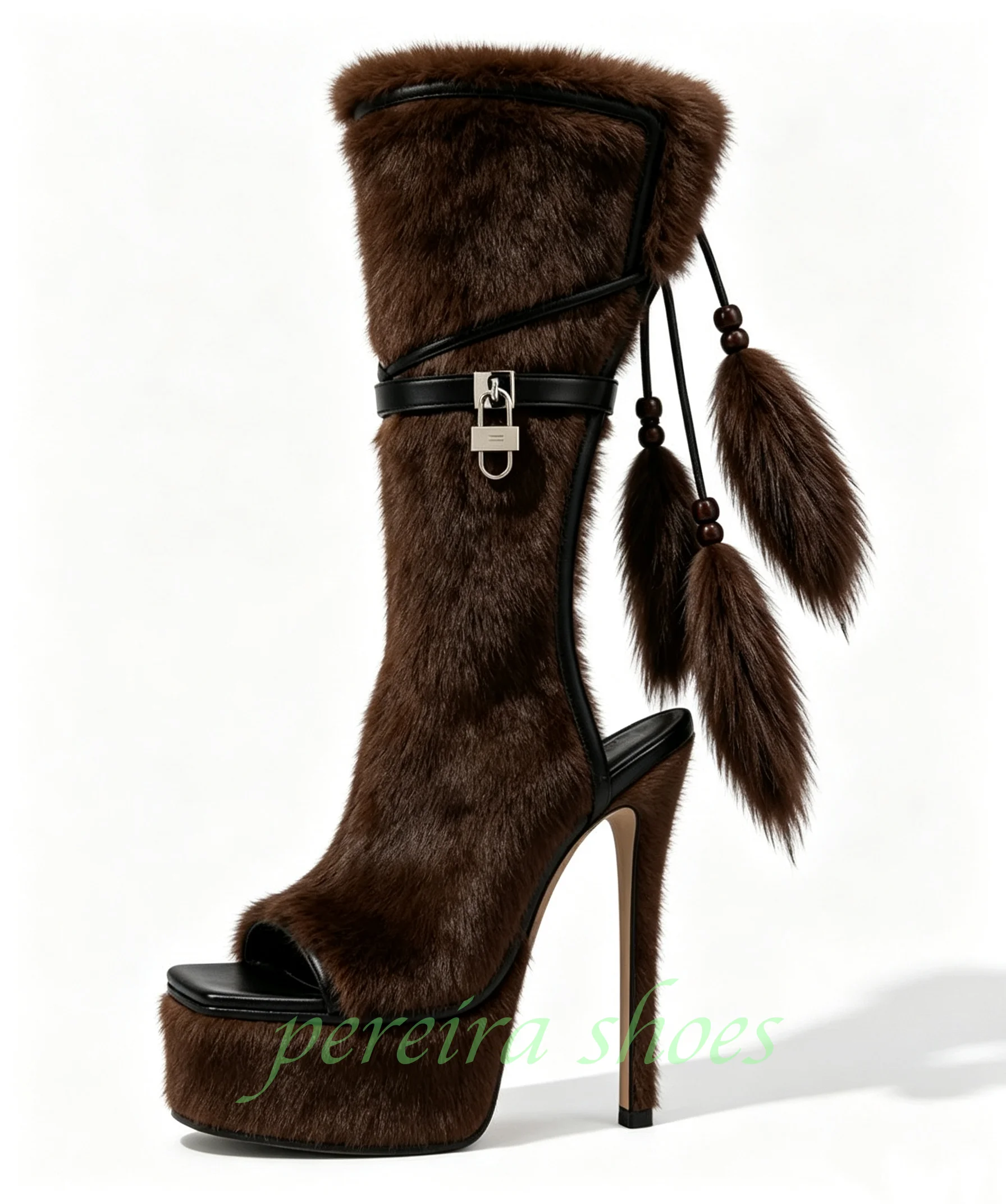 Square Peep Toe Platform Mid Calf Boots Brown Fur High Heel Metal Lock Buckle Tassel Design Cutout Lady Western Party Heel Boots
