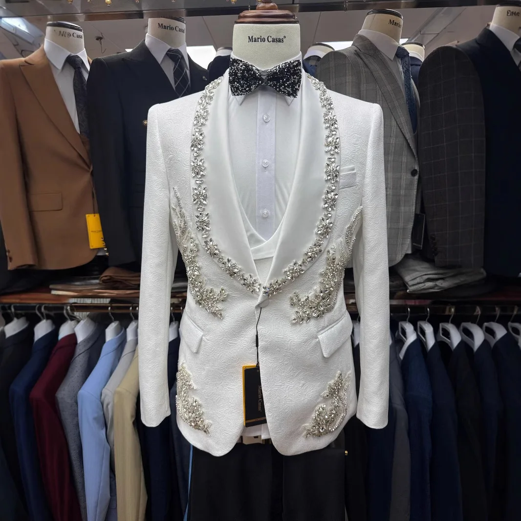 2025 New Arrival Expensive White Suit Wedding Groom Tuxedo High-end Men’s Suits for Office （Coat + Trousers + Waistcoat）