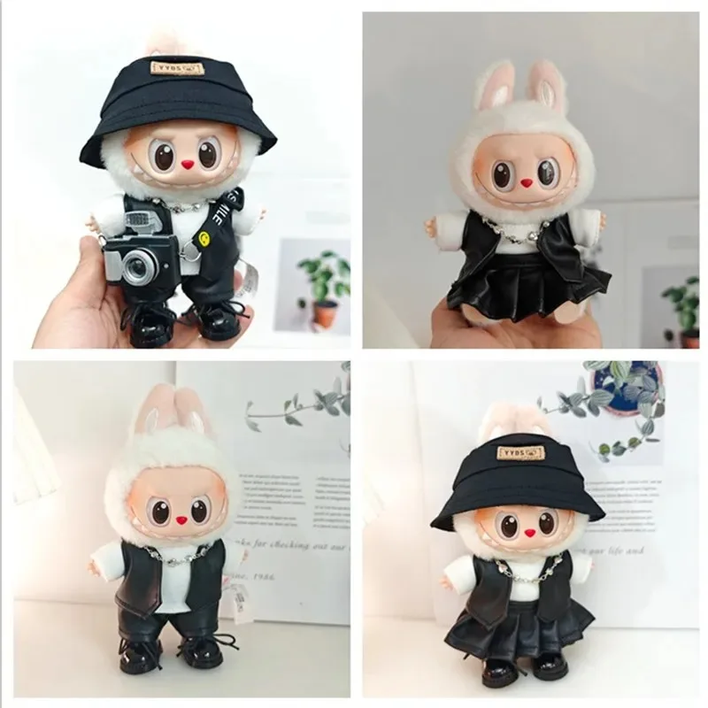 

(Clothes Only) For 15-17cm labubu Mini Doll Party Fashion DIY Styling Accessories Black Leather Jacket Costume Doll Set