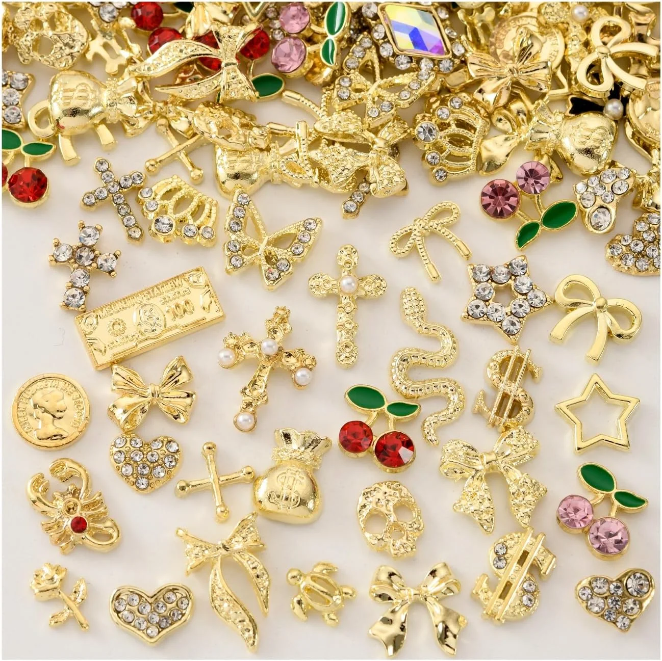 30PCS Large Size Mixed Gold Nail Charms, 3D Rhinestone Alloy Nail Art Decorations for DIY Manicure