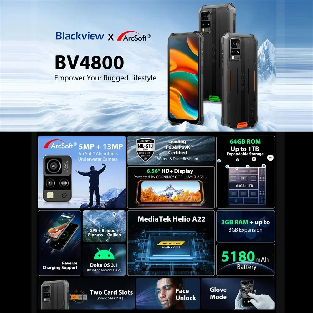 Blackview BV4800 Rugged 4G Smartphones Android 13 Helio A22 Quad Core 3GB+64GB 5180mAh 6.56Inch Mobile Phone 13MP Camera NFC