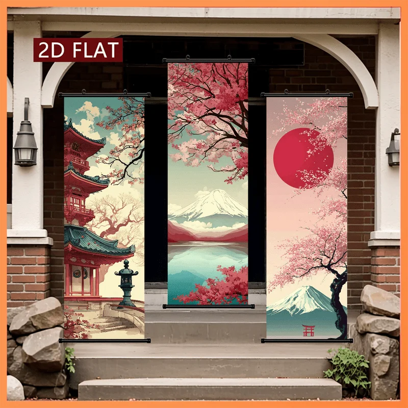 VIKAMA Japanese Ukiyo-e Cherry Blossom Mount Fuji 3 Piece Wall Scroll Tapestry Set Pagoda Wall Art Decor for Living Room