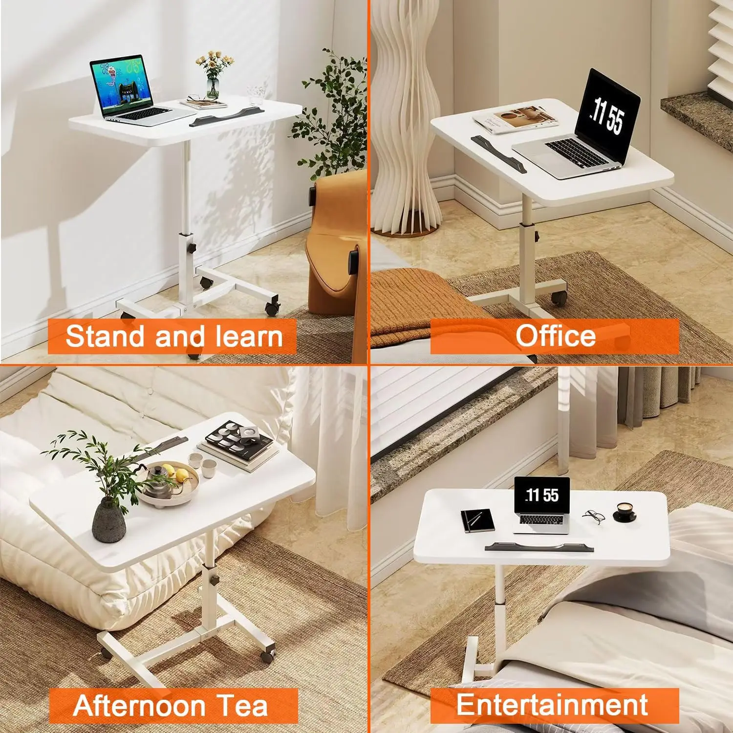 سرير فوق السرير بعجلات، طاولة كمبيوتر محمول قابلة لتعديل الارتفاع مع رف، مكتب منزلي محمول، مكتب كمبيوتر محمول محمول C