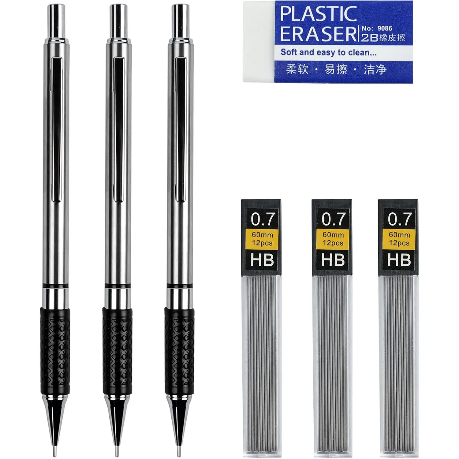 ชุดดินสอโลหะ3ชิ้น0.7มม. ดินสอสีโลหะ3ชิ้นพร้อมหลอดเติมตะกั่ว HB ยางลบสี่เหลี่ยม1ชิ้นสำหรับเด็ก