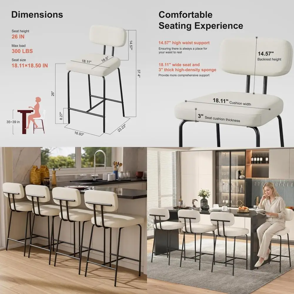 

Bar Stools Set of 4, Kitchen Counter stools with Backs and Metal Legs, 26 inch Barstools for Counter Height, Fabric in Gray, Whi