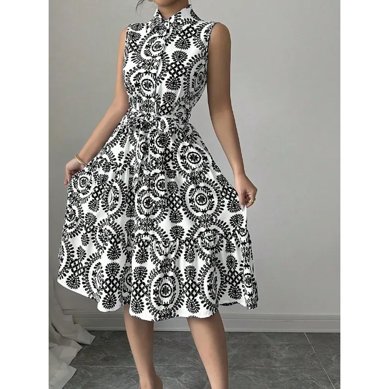 Women's Fashion Collar Waist Strap Tank Dress Ladies Casual Floral Printed Comfortable Sleeveless Party Dress