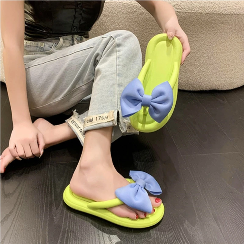 Cute Women\'s Summer Slippers Girls Outdoor Anti-slip Slides Adults Indoor Waterproof Sandals Couples Sweet Bow Tie Flip Flops