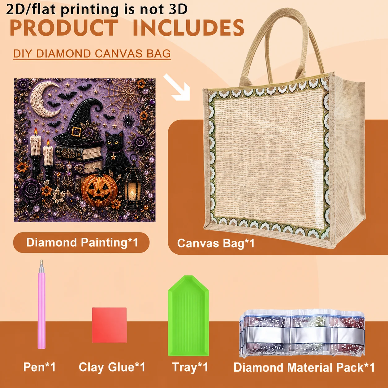 Halloween DIY Diamond Painting Jute Shopping Bag Witch Hat Black Cat Eco Burlap Grocery Tote Trick or Treat Candy Storage Pouch