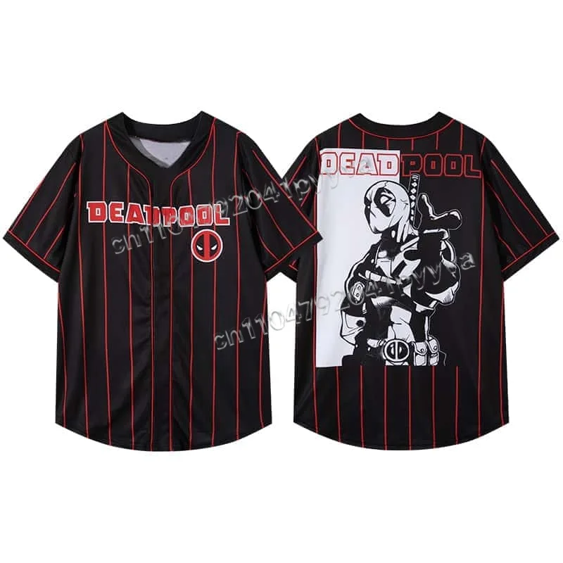 

Red and Black Vertical Stripe Baseball Style T-shirt Deadpool 3D Printed Street Trendy Quick Drying Casual Sports Top