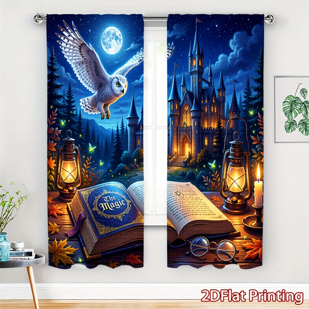 Wizard Theme Curtain Panels, Flying Owl Ancient Magic Book Lit Lantern Night Castle Art Pattern Drapes for Kids Room Home Decor
