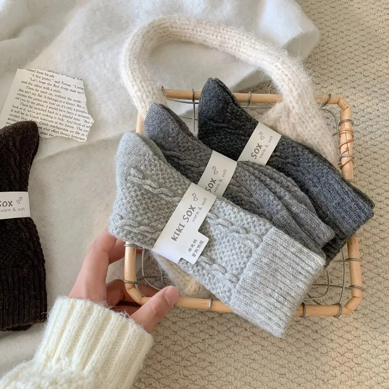 Autumn and Winter Wool Socks for Men and Women Fried Dough Twists Retro Simple Solid Color Socks in The Tube Warm Stack Socks