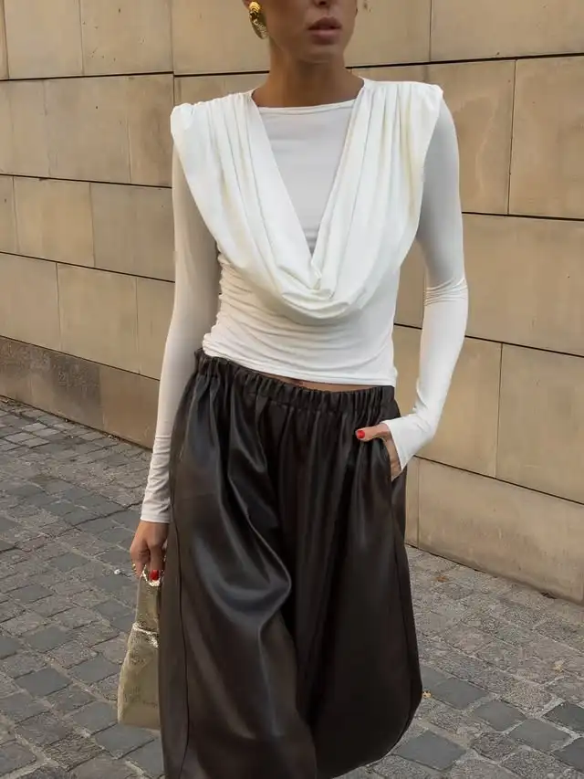 

Padded Shoulder Blouse Solid Women's Elegant Cowl Neck Ruched Long Sleeve Fitted Top 2026 Women's Date Night Party Club Top