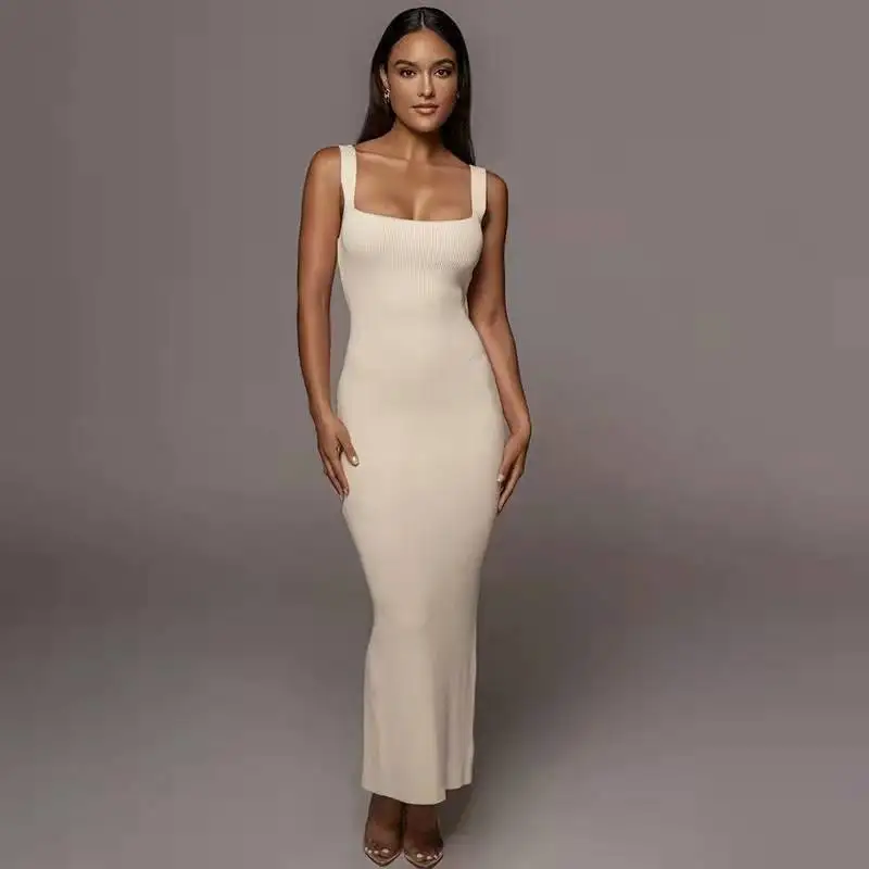 Wide Strap Square Collar Women Evening Skirt Back Slit Backless Party Gown Multiple Colors  Thread Pattern Prom Dress In Stock