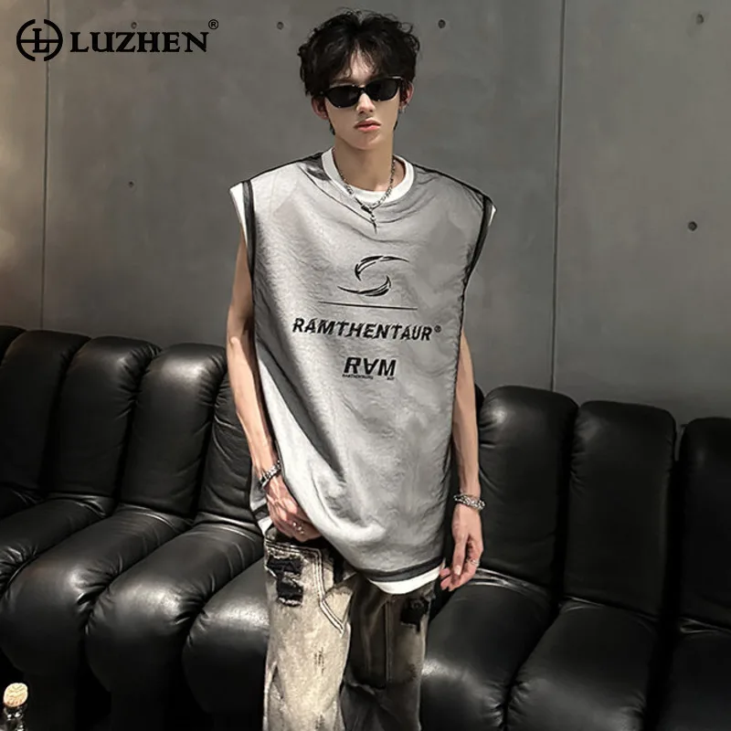 

LUZHEN Fashion Fake Two Piece Design Gauze Patchwork Tank Tops Men's 2025 Summer Printed Shoulder Pad Sleeveless T-shirts JY3210