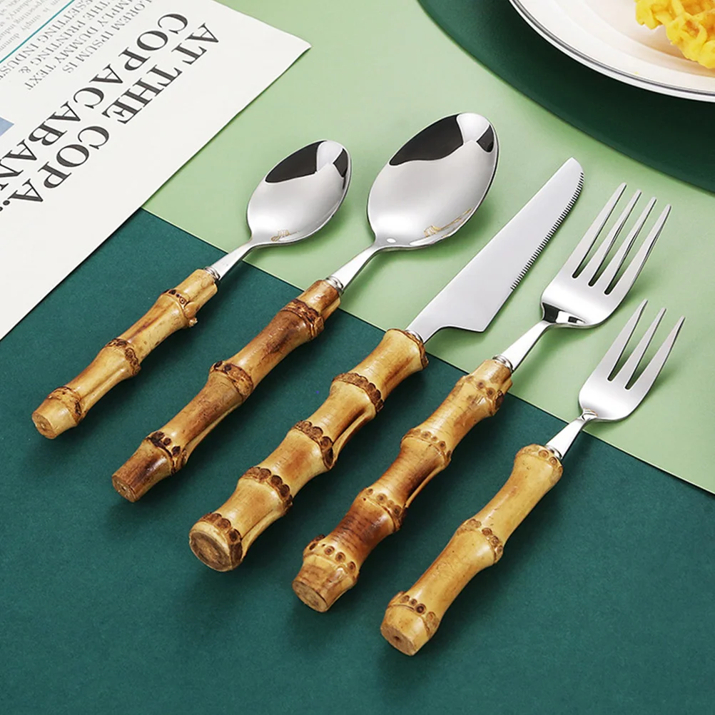 Bamboo Cutlery Set Western Flatware Dinnerware Steak Stainless Steel Kitchen Supplies Portable Travel Serving Utensils