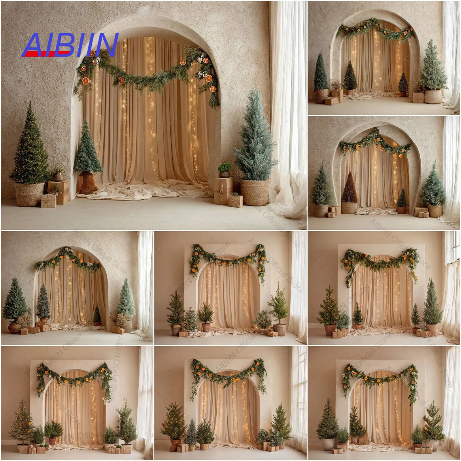 Photography Lighting And Backdrop - AIBIIN Boho Weihnachts-Fotografie-Hintergrundvorhang, Tannenbaum, orangefarbene Girlande,
