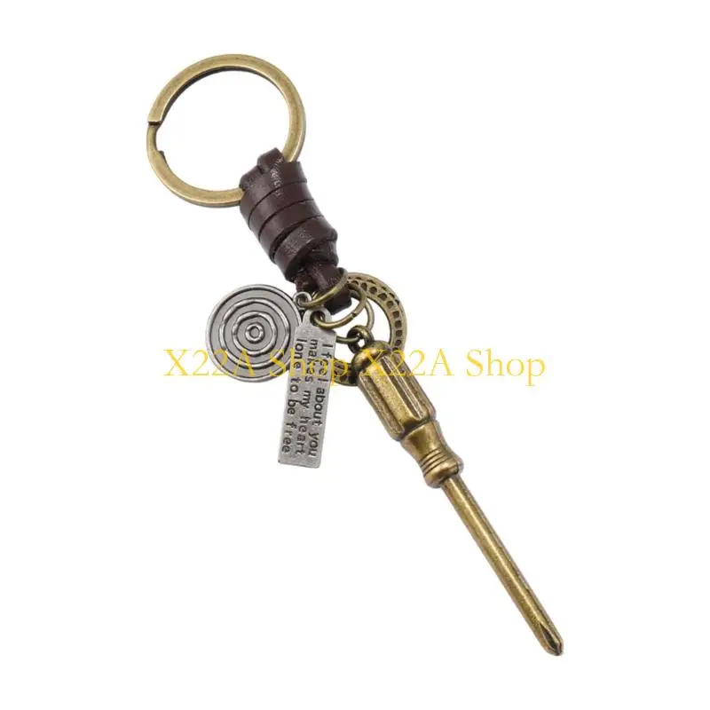 Unique Metal Charm Keychain with Retro Screwdriver Pendant and Leather Strap, Easy Attach Ring for Car Keys and Bags