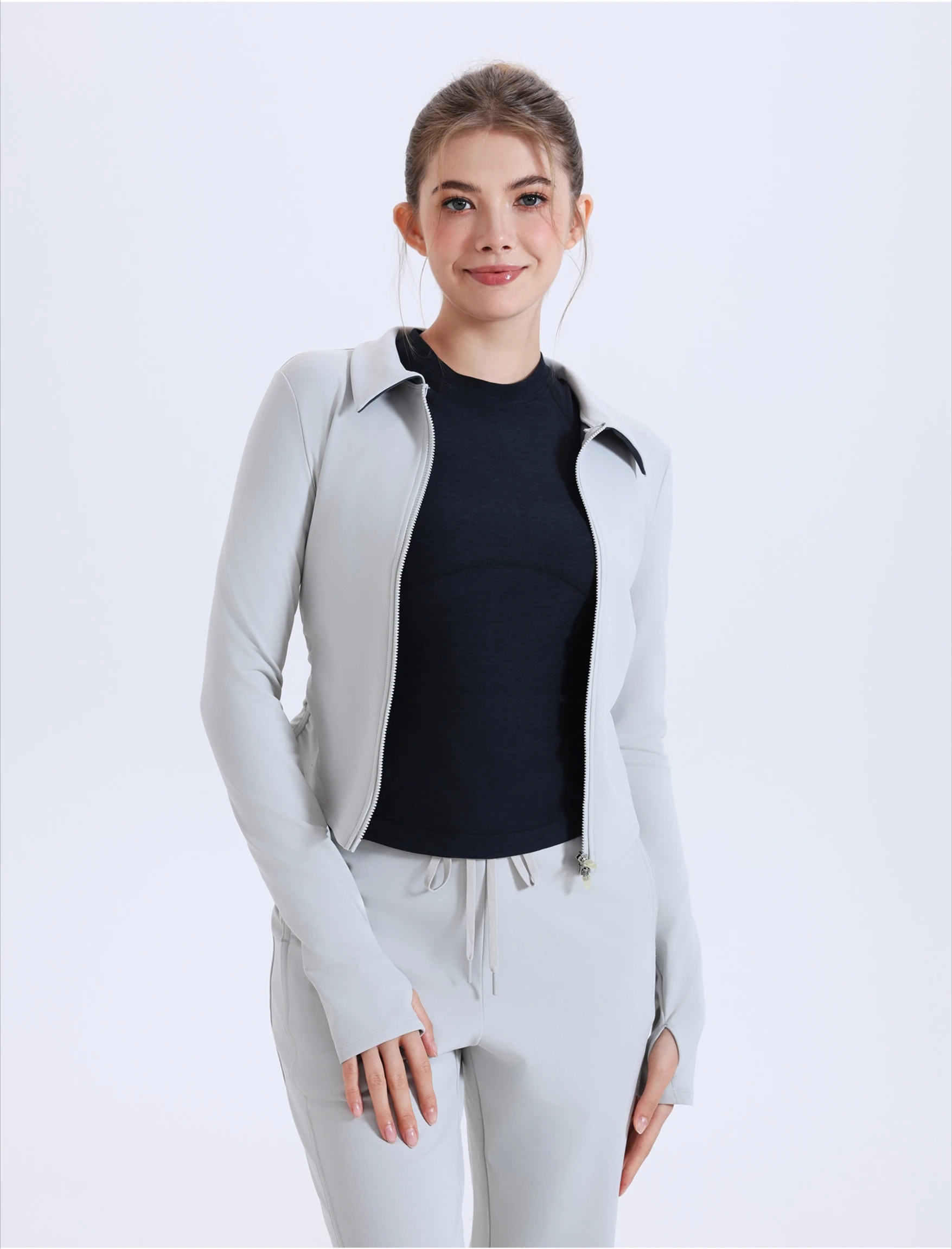 Women's Velvet Running Fitness Jacket Slim Fit Long Sleeve Lapel Zipper Nude Color for Autumn Winter 2025
