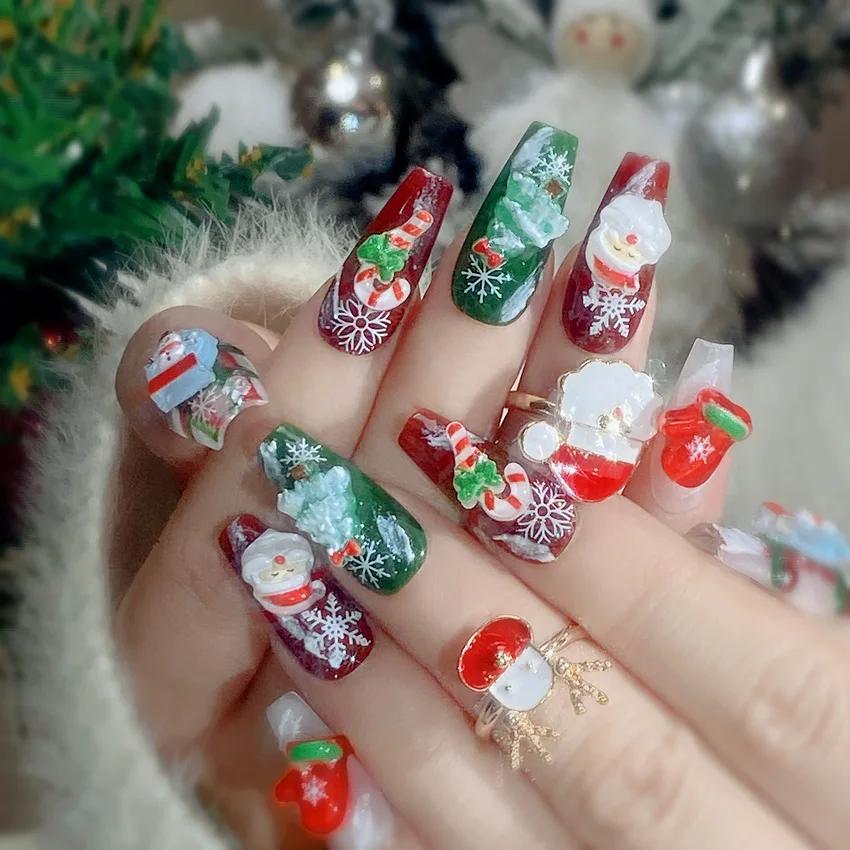 Christmas special edition hand-painted santa and snowflake wearable False nails 10PCS