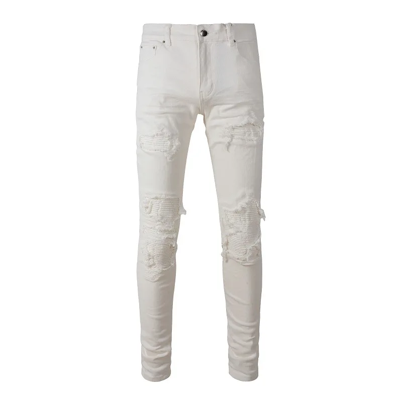 Men's White Crystal Holes Ripped Jeans Fashion Slim Skinny Rhinestone Stretch Denim Pants