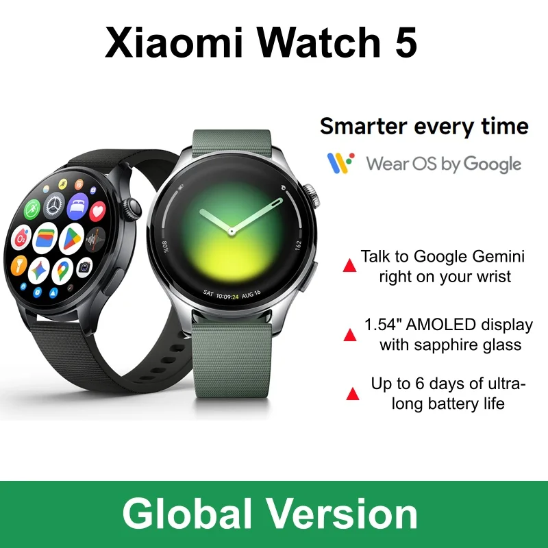 

Глобальная версия Xiaomi Watch 5 с AMOLED-дисплеем 1,54 дюйма, сапфировым стеклом, 6 днями автономной работы, Wear OS от Google, функцией Google Talk и Google Gemini.