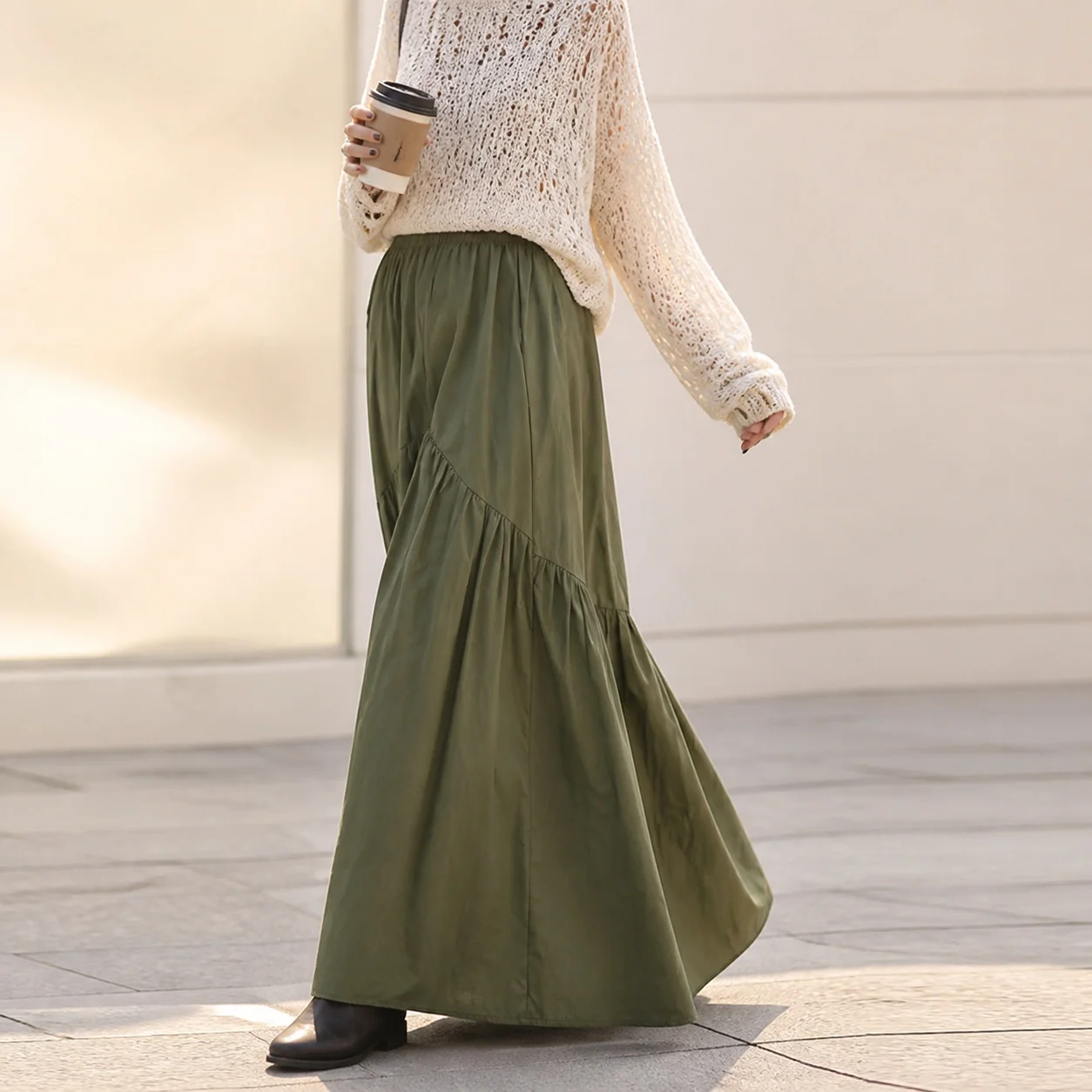 Casual Ruched Skirt Mermaid Long Skirt with Elastic Waist Slight Stretch Japanese Style Pleated Spring for Women