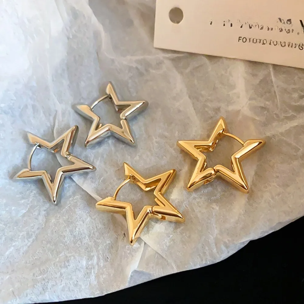Classic Temperament Glossy Surface Metal Hollowed-out Star-shaped Hoop Earrings for Women Korea Charm Jewelry Accessories Gifts
