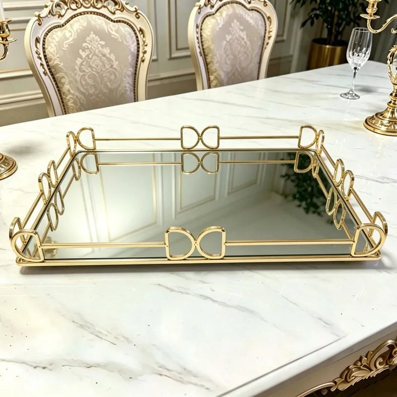 Metal Mirror Tray Rectangle Gold Finish Tea Perfume Cosmetics Vanity Table Desktop Organizer Home Decor Living Room Soft