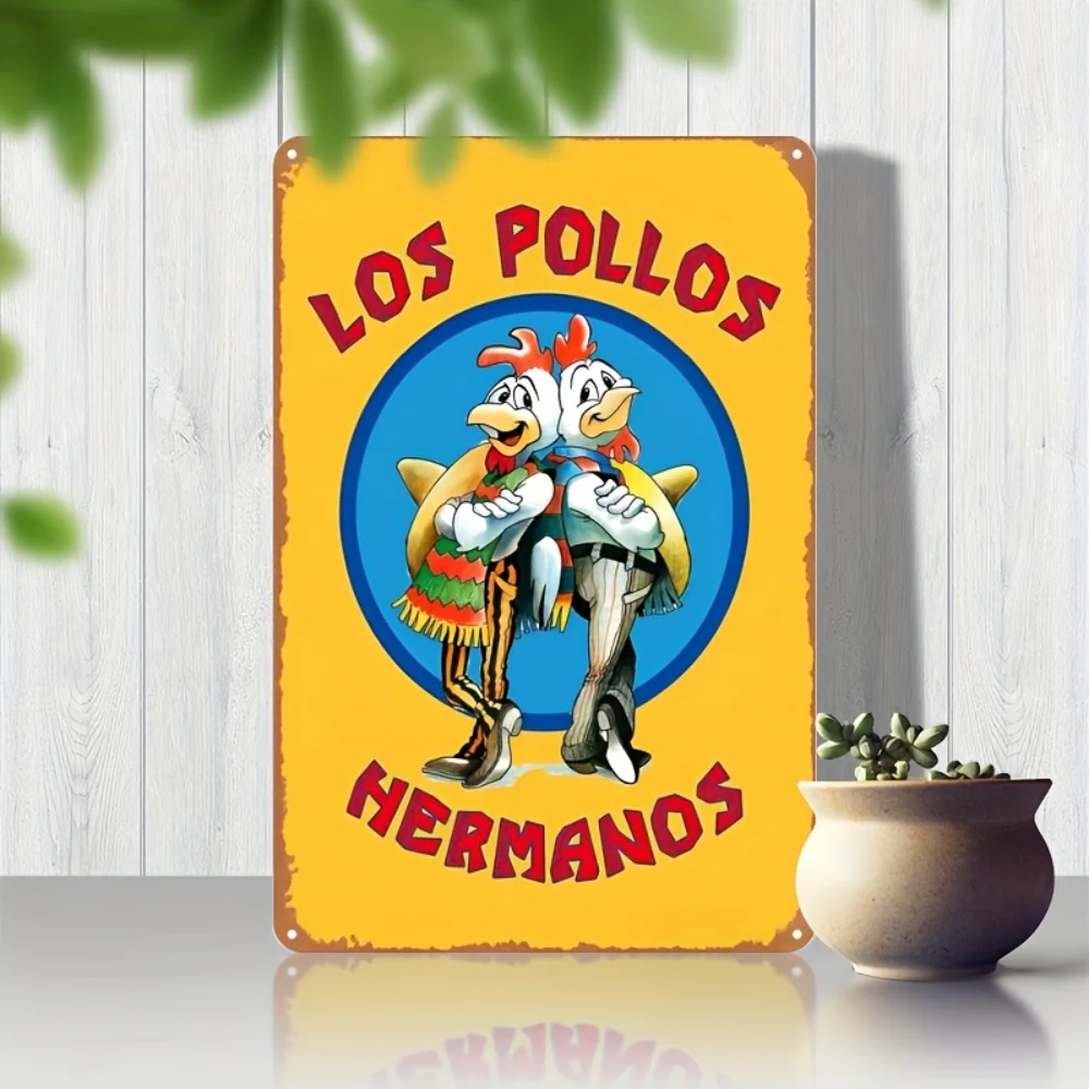 Vintage Los Pollos Hermanos Metal Tin Sign, Retro Breaking Bad Inspired Yellow Wall Art Decor Plaque for Bar, Pub, Man Cave & TV
