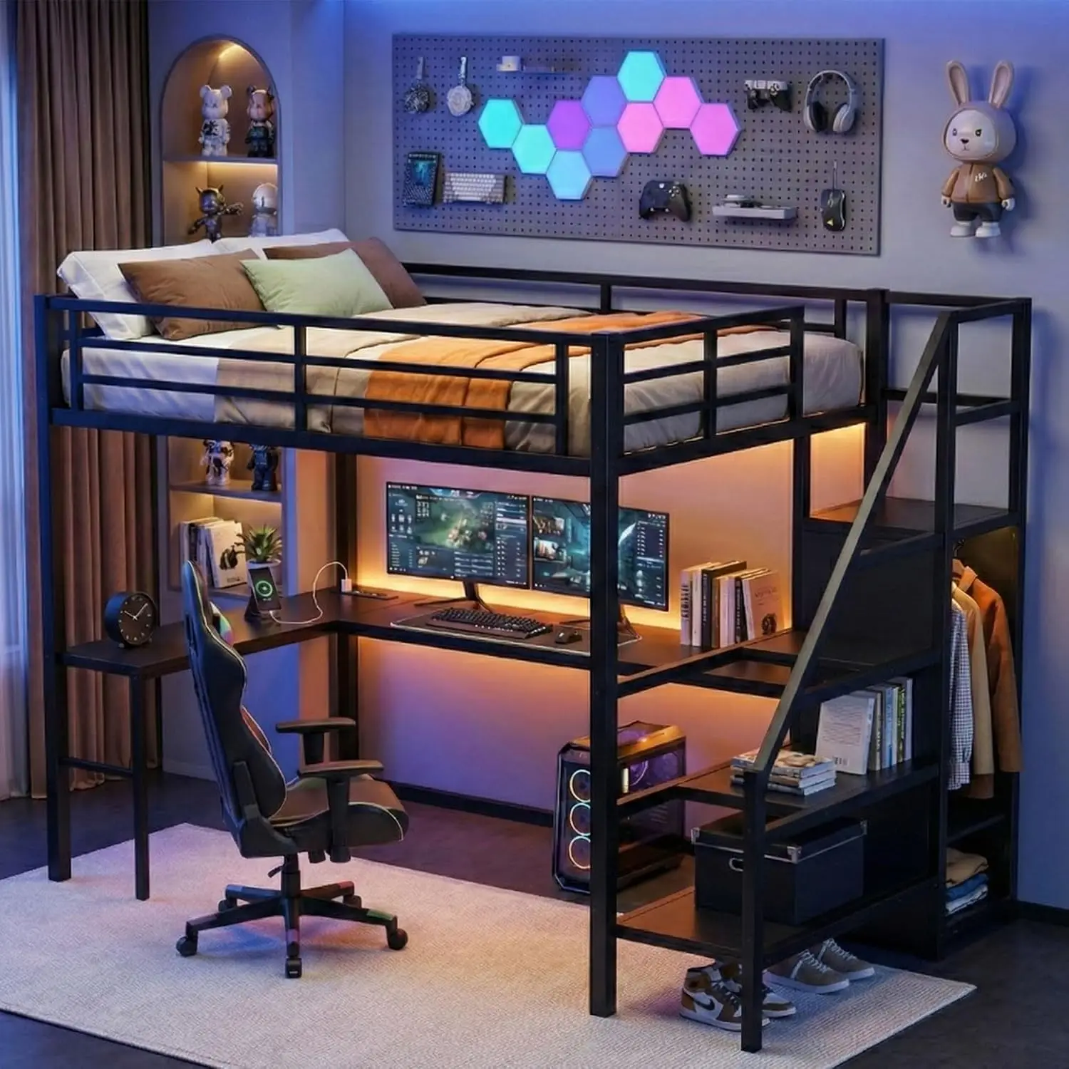 Full Size Loft Bed with L Shaped Desk Wardrobe & Charging Station, Customized