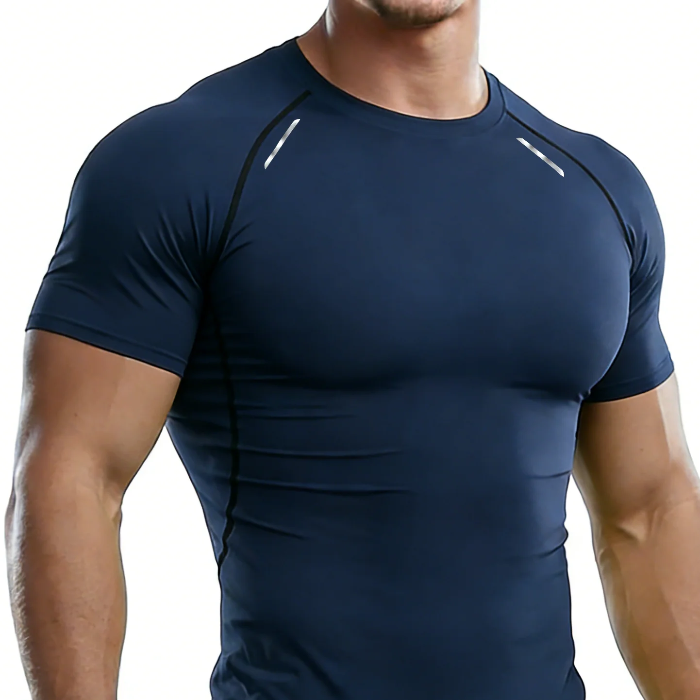 

Мужская компрессионная футболка с отражающими полосами, быстросохнущая, эластичная, для бега, тренажерного зала, фитнеса