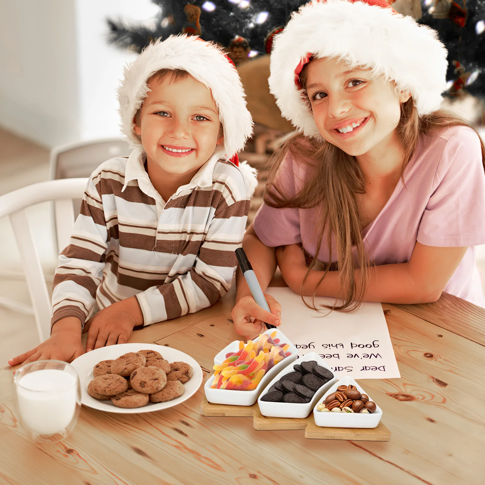 

Candy Plate Ceramic Snack Platter Christmas Tree Dish Tray Bamboo Base Dessert Serving Plate Holiday Party Appetizer Server