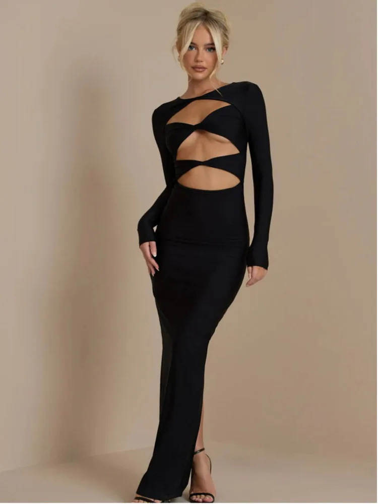 Articat Autumn/winter Women Fashionable Hollow Out Long Sleeved Slim Sexy Dress Bodycon Elegant Party Club Evening Dress 2024