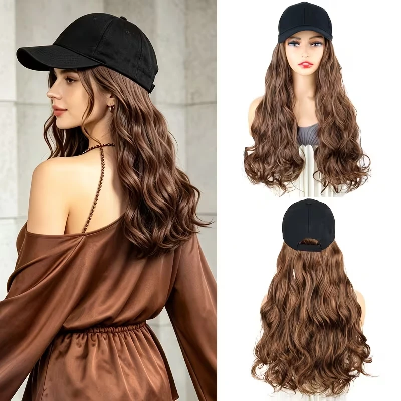 20Inch Women Synthetic Curly Hat Wig Baseball Cap Built‑in Long Wavy Hair Wig for Outdoor Travel Daily Casual Hair Decoration