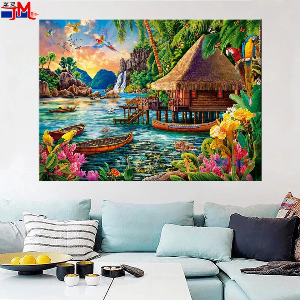 DIY 5D Diamond Painting Beach Resort scenery Cross Stitch Full Drill Diamond Embroidery Parrot Pattern Rhinestones Mosaic Flower