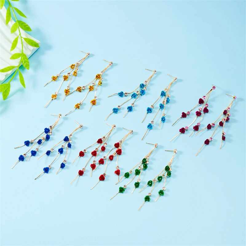 Trendy Multicolour Rose Flower Long Tassel Earrings for Women Elegant Rhinestone Drop Earrings Party Dangle Earring Jewelry Gift
