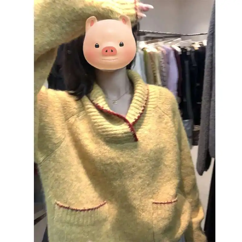 Korejpaa Japan Style Yellow Sweaters Women Korean Fashion Turn-down Collar Pullover Sweater Autumn Winter Knitted Pull Femme Top