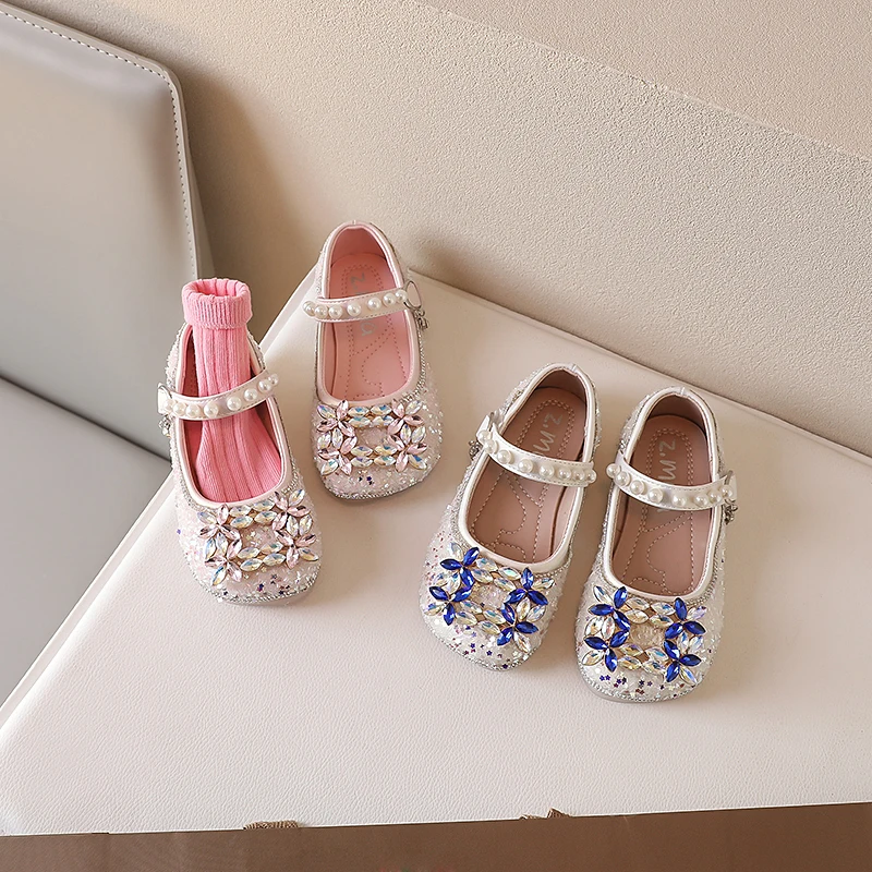 Girls Rhinestone Leather Shoes 2024 Spring New Baby Crystal Princess Shoes Fashion Children's Casual Shoes