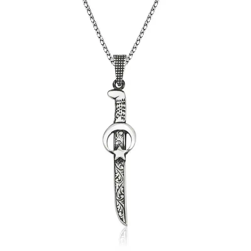 Sterling Silver Moon Star Sword Men's Necklace 925 Sterling Men Jewelry Wedding Party Birthday Gift - Box - Pendant - Chain Choker - Man - Fashion