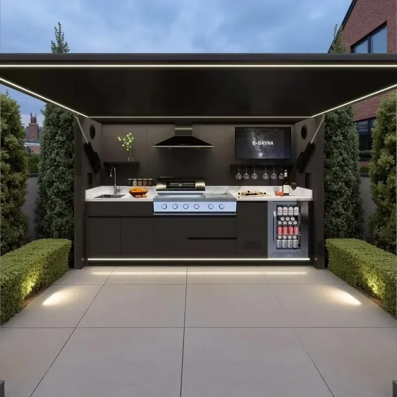 Complete Outdoor Kitchen Set with BBQ Grill and Fridge All in One Cooking Station Customized Stainless Steel Weatherproof Patio