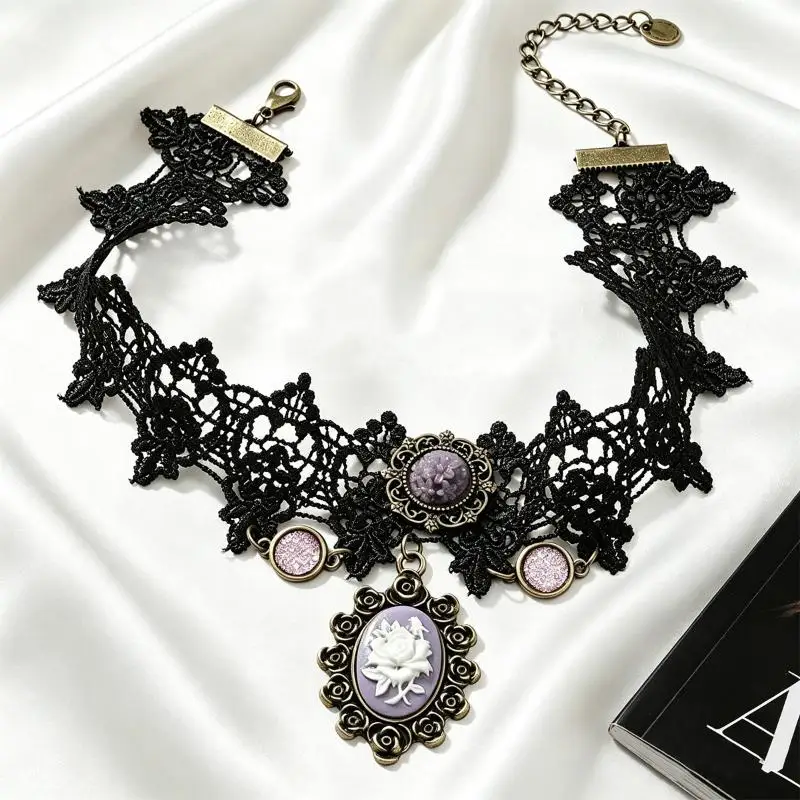 Neue Sexy Gothic Choker Kristall Schwarze Spitze Halskette Vintage Damen Choker Steampunk Schmuck – Detail 6