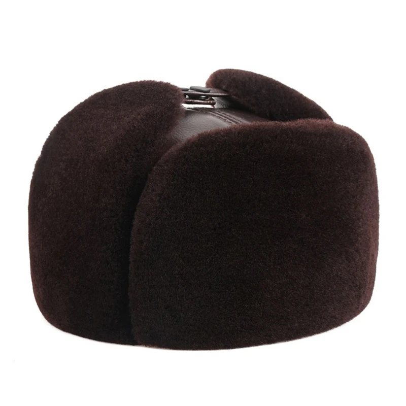 Male Winter Warm Ear Protection Bomber Hat Man Genuine Leather Faux Fur Military Cap Inside Black Brown 55-60cm Flat Roof Caps