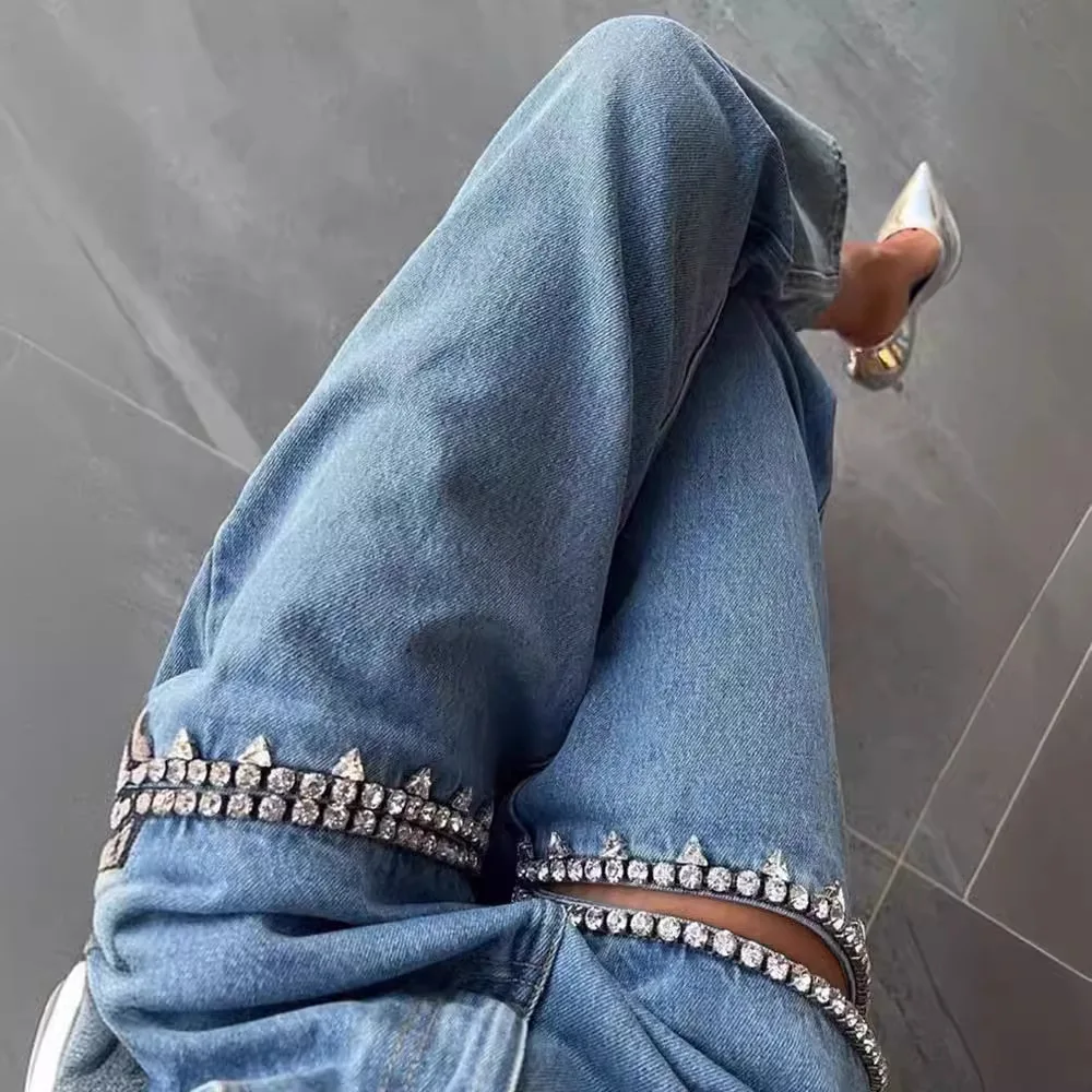 Fashion Rhinestone Women Jean Pants Spring Summer Blue Ripped Jeans Straight Wide Leg Pants Distressed Women Denim Trousers